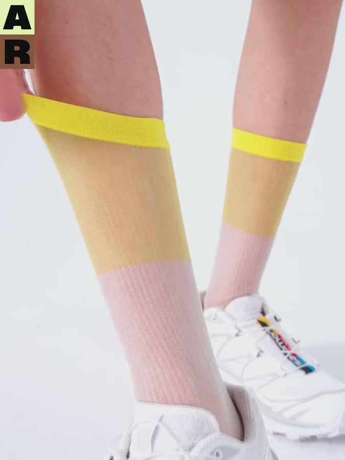 Spliced colour block sheer mid-calf sock - olive