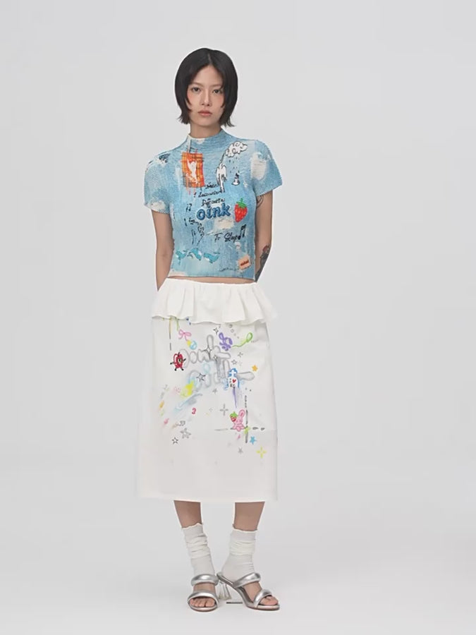 Illustration crinkle stretch crop tee - sky blue