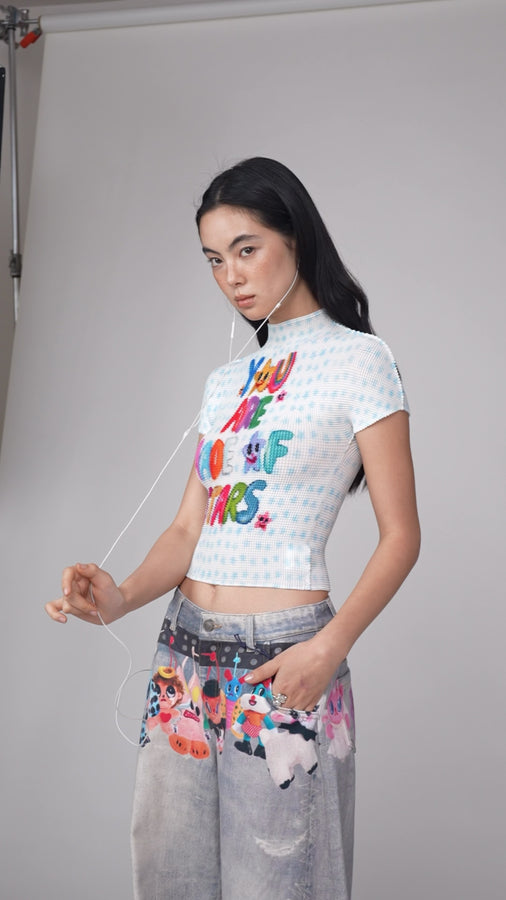 Typography crinkle stretch crop tee - white