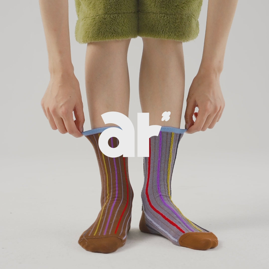 Reversible stripe mid-calf socks - chocolate & grey