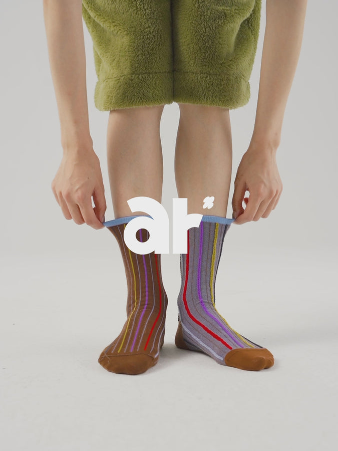 Reversible stripe mid-calf socks - chocolate & grey