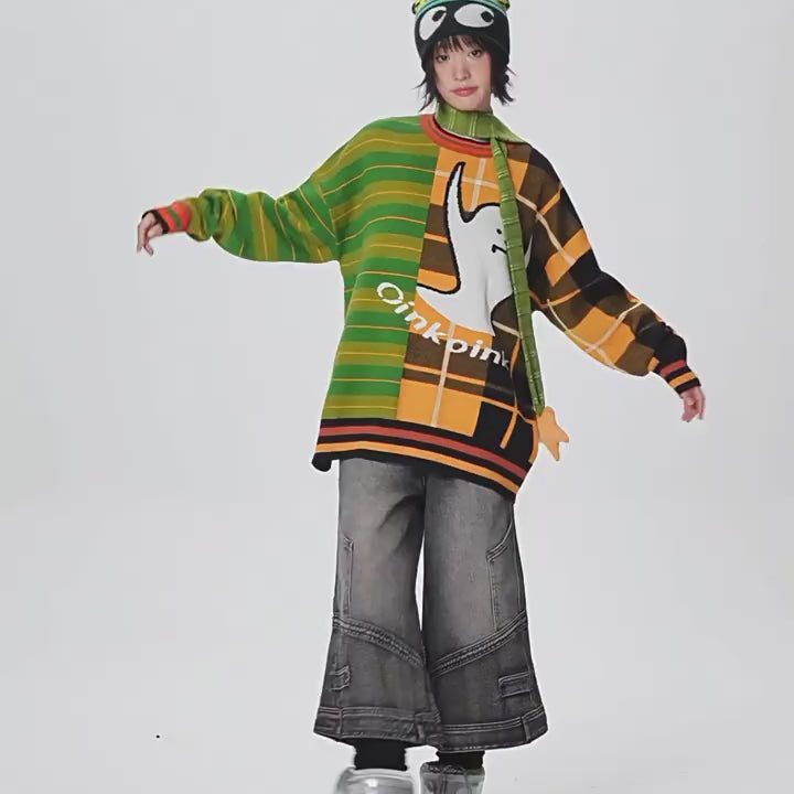 Ghost splice knit jumper - green & orange