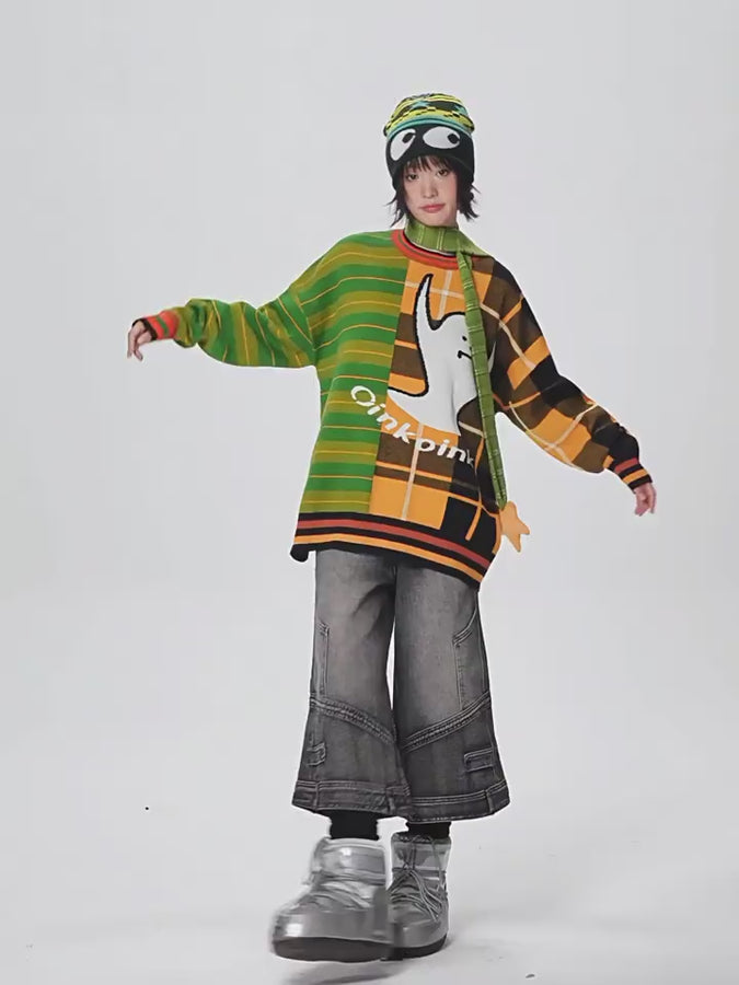 Ghost splice knit jumper - green & orange