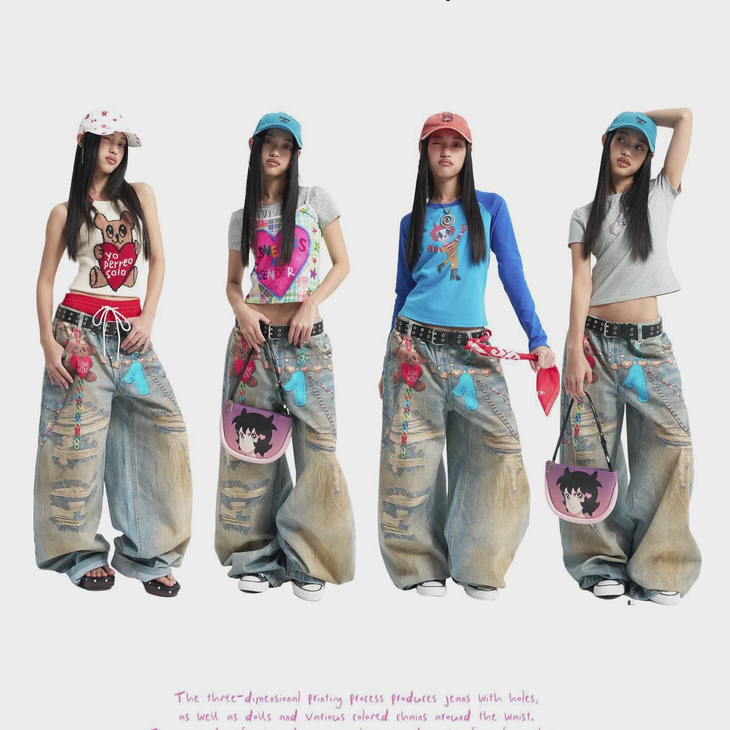 Love bear print baggy barrel jeans - dusty washed blue