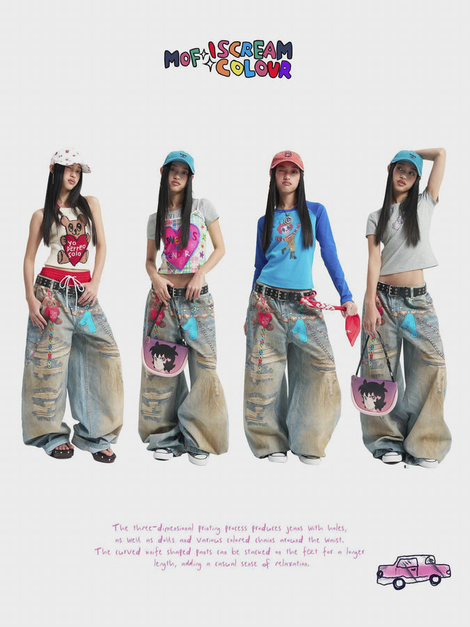 Love bear print baggy barrel jeans - dusty washed blue