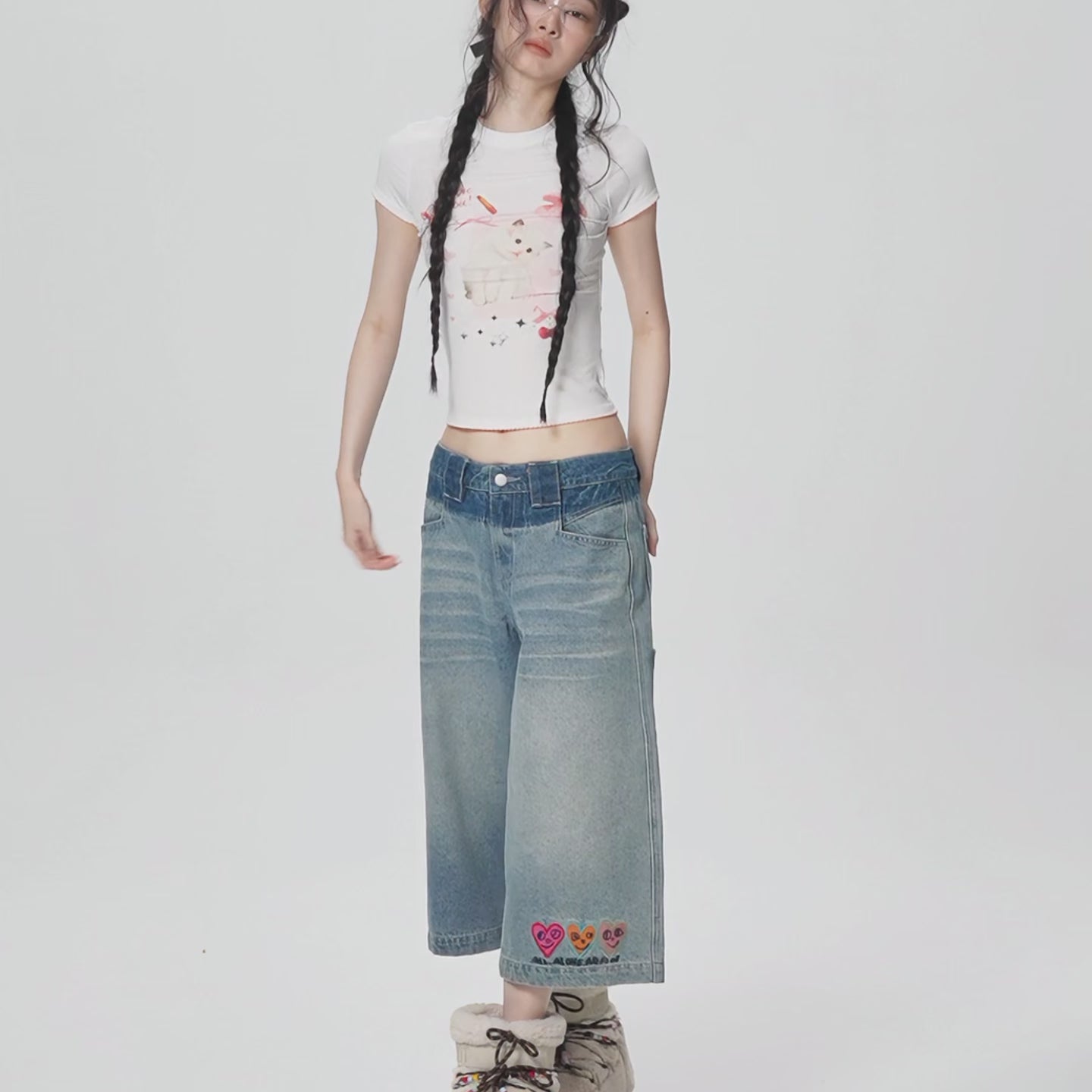 Three hearts wide leg denim shorts - washed blue