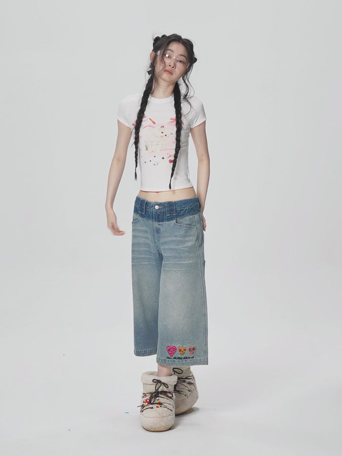 Three hearts wide leg denim shorts - washed blue