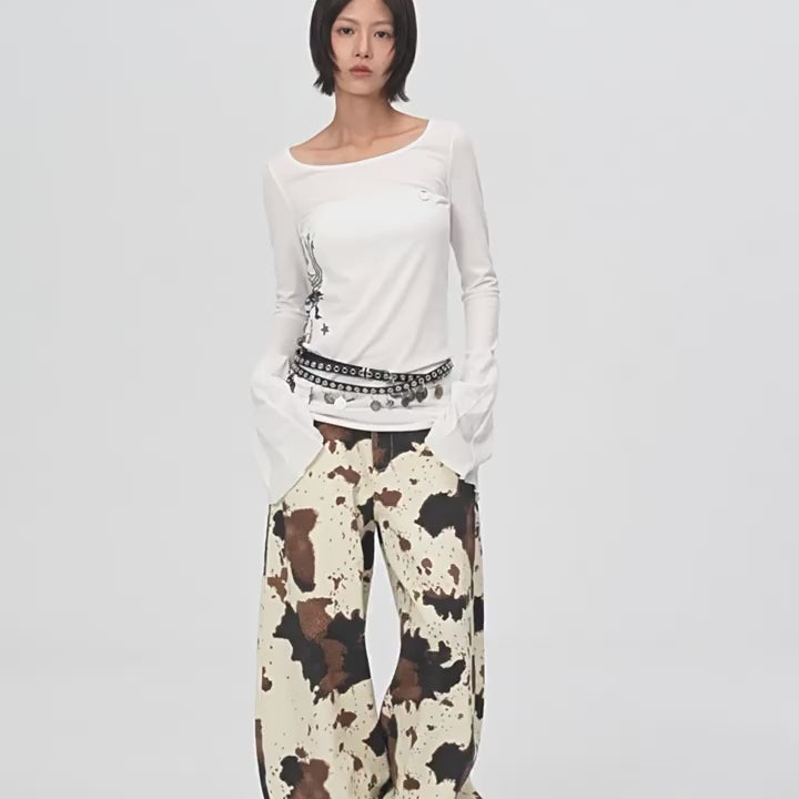 Cow print baggy barrel pants - beige