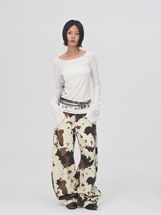 Cow print baggy barrel pants - beige