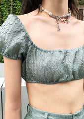 Balloon sleeve textured short top in aqua