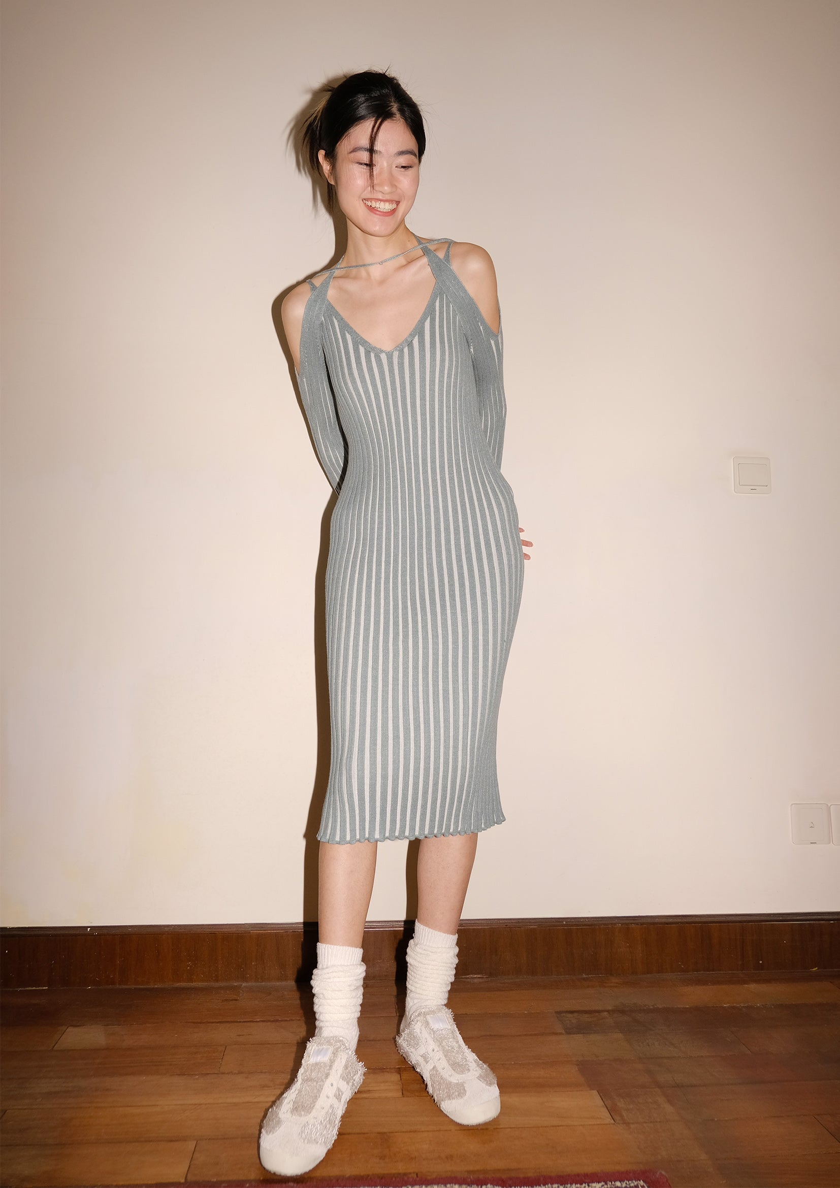 Ribbed knit sling dress in pistachio 