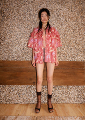 Unisex fuzzy shirt jacket in strawberry
