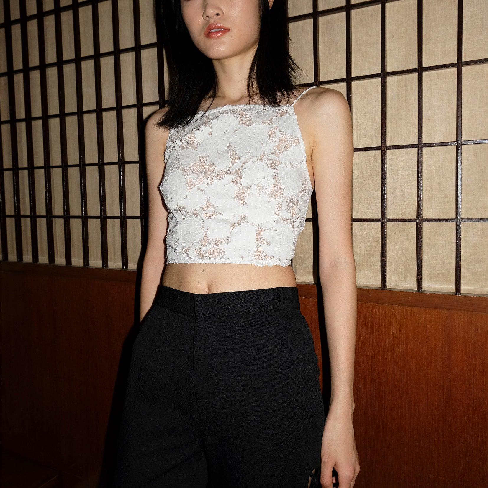 Floral lace see-through sling crop top in white