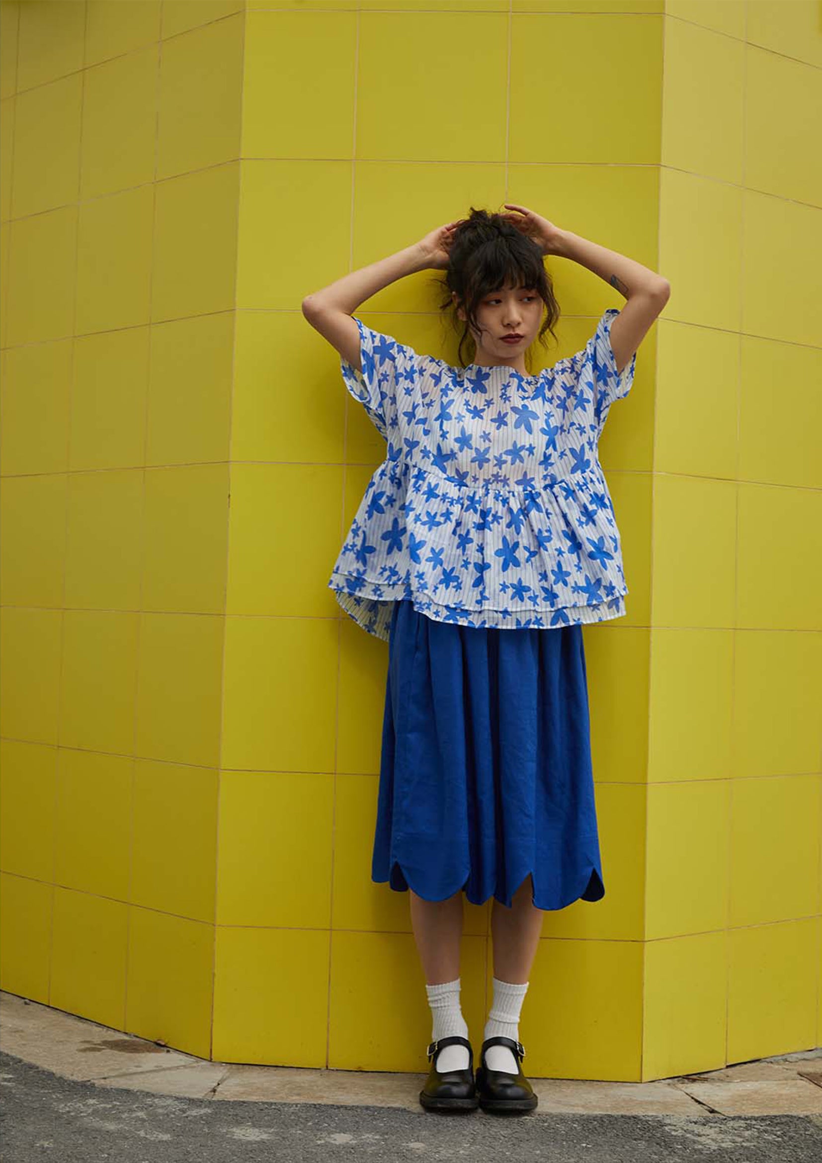 Floral see-through layered smock top - blue & white – Future