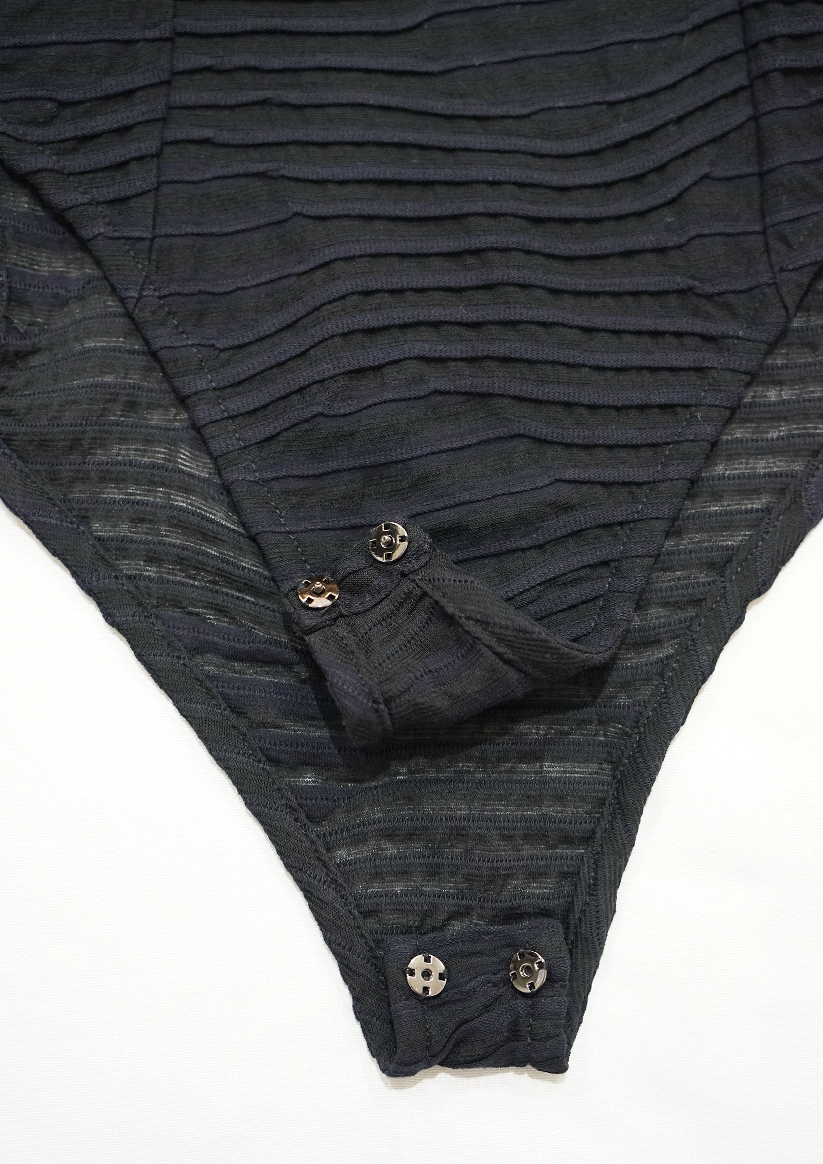Striped low cut round neck see-through bodysuit in black & navy
