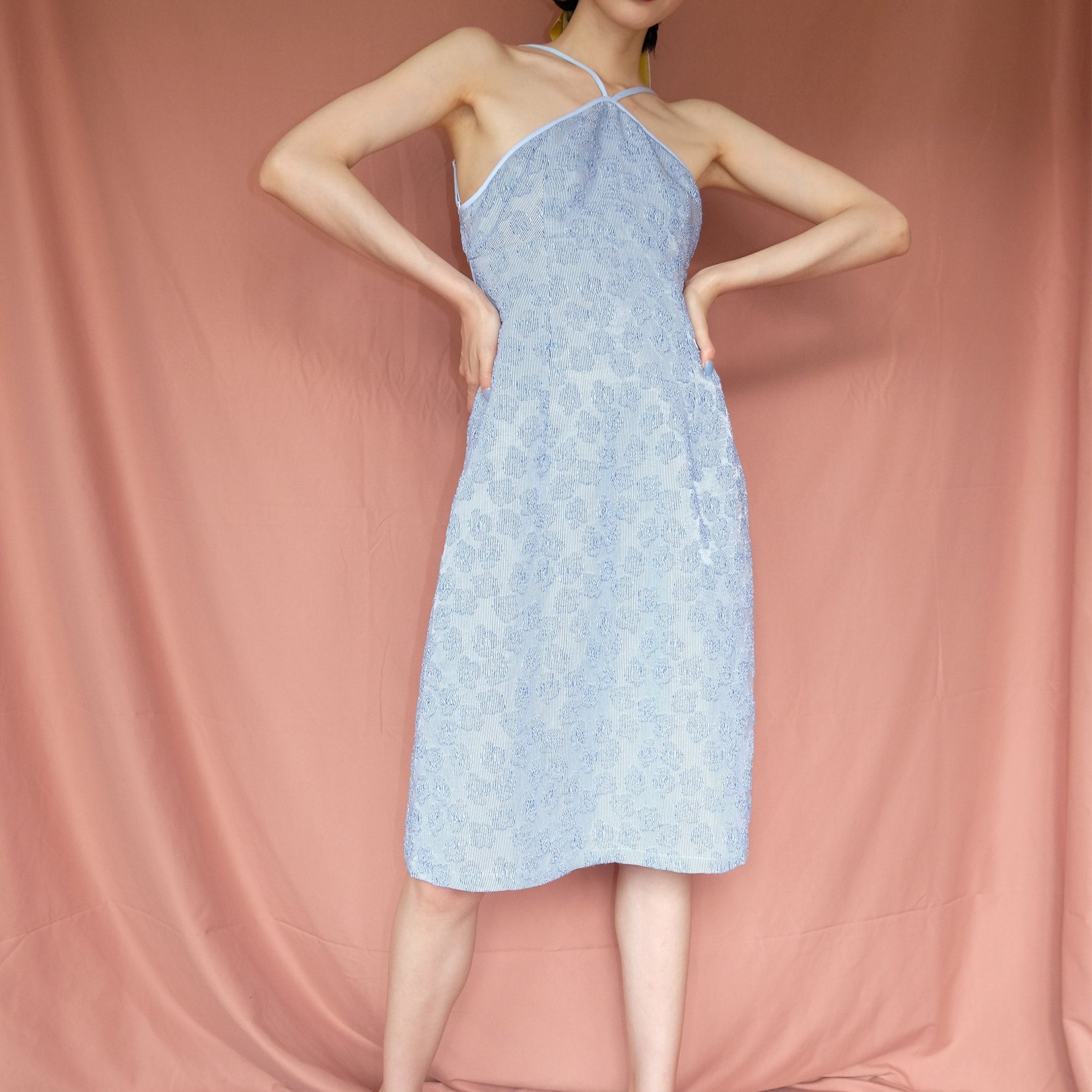Floral textured halter dress in light blue