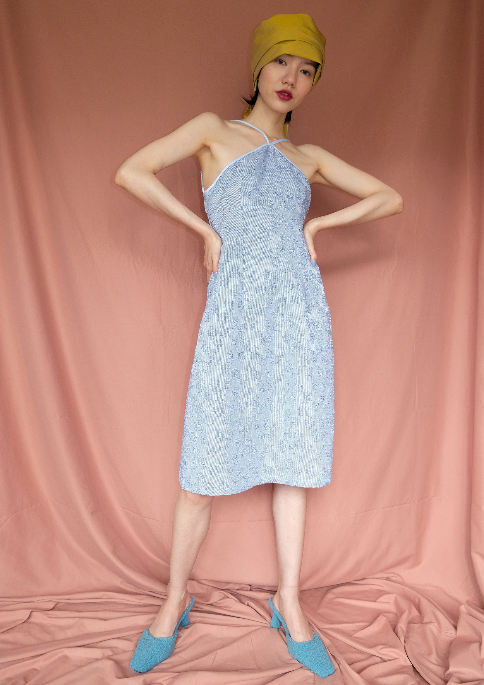 Floral textured halter dress in light blue