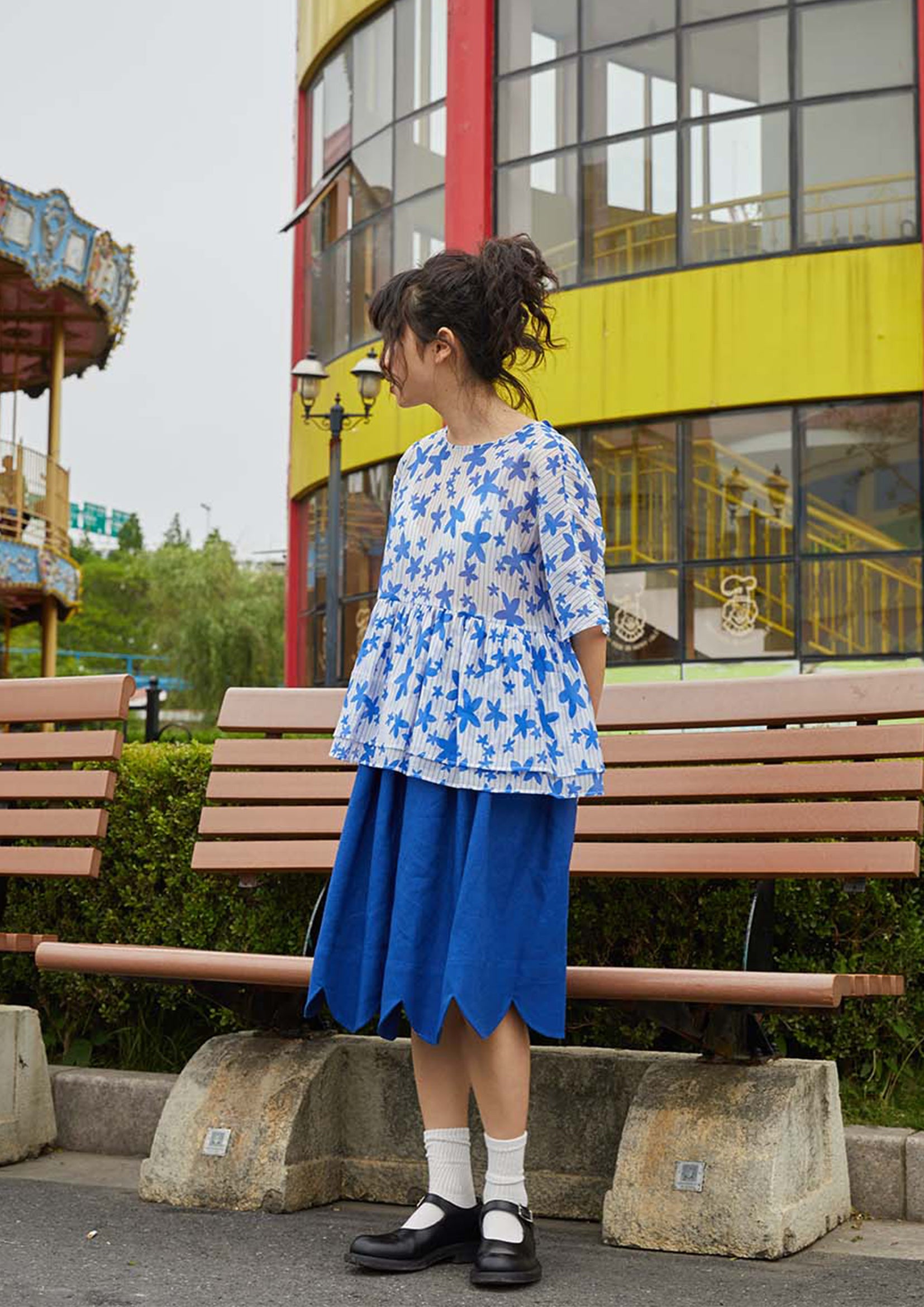 Floral see-through layered smock top - blue & white – Future