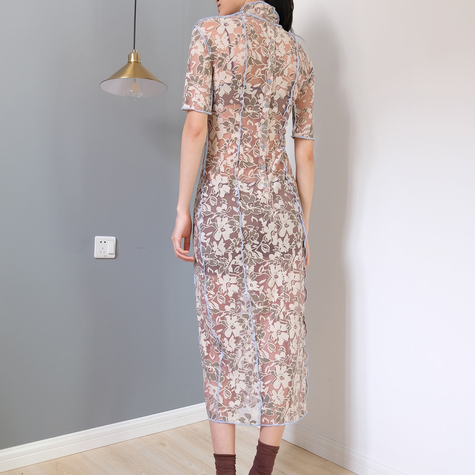 Floral see-through mid sleeve slim-fit long dress