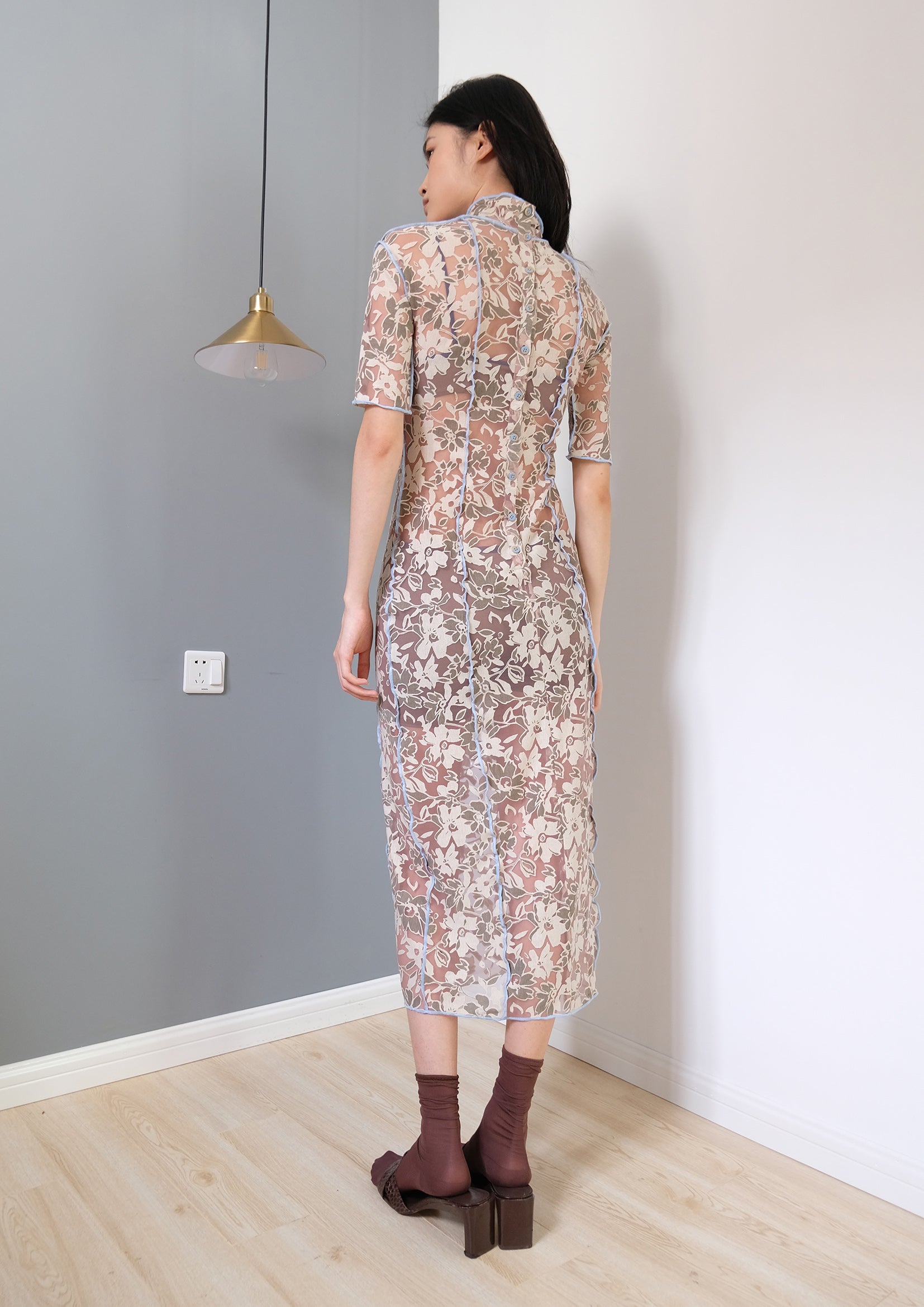 Floral see-through mid sleeve slim-fit long dress
