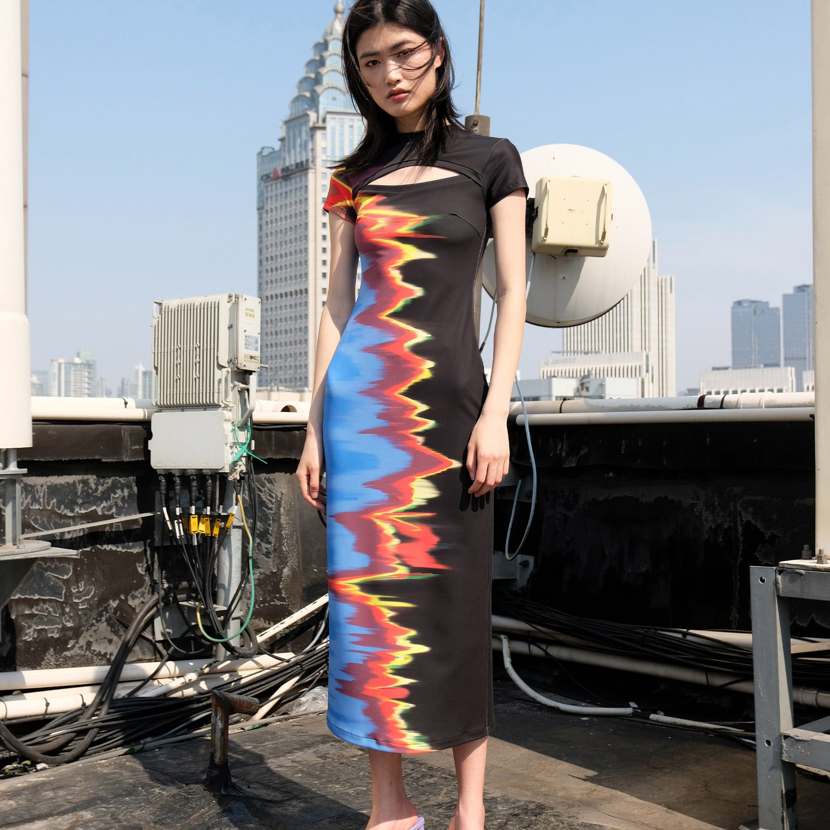 Flame and flash cut out short sleeve slim-fit long dress