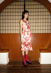 Irregular shirring halter dress in maple red & pearl white