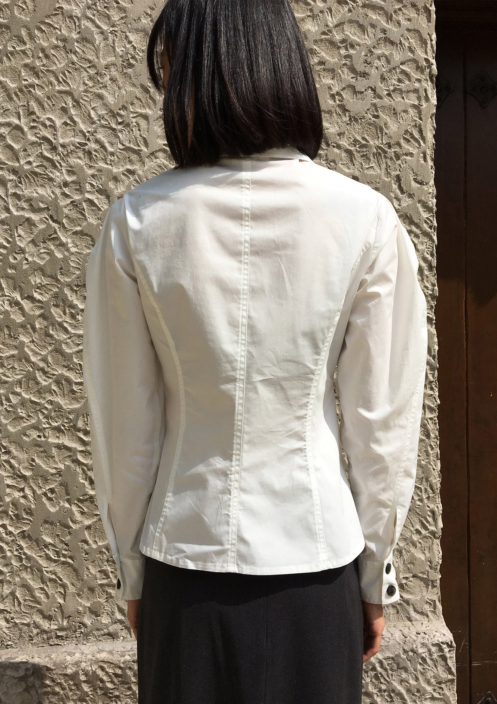 Retro oversized leg of mutton sleeve shirt detachable fly in white