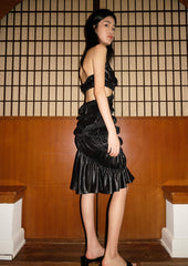 Irregular shirring halter dress in black