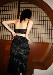Irregular shirring halter dress in black