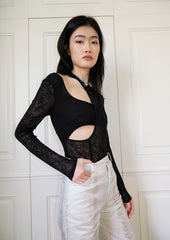 Double layer see-through cut out bodysuit in black