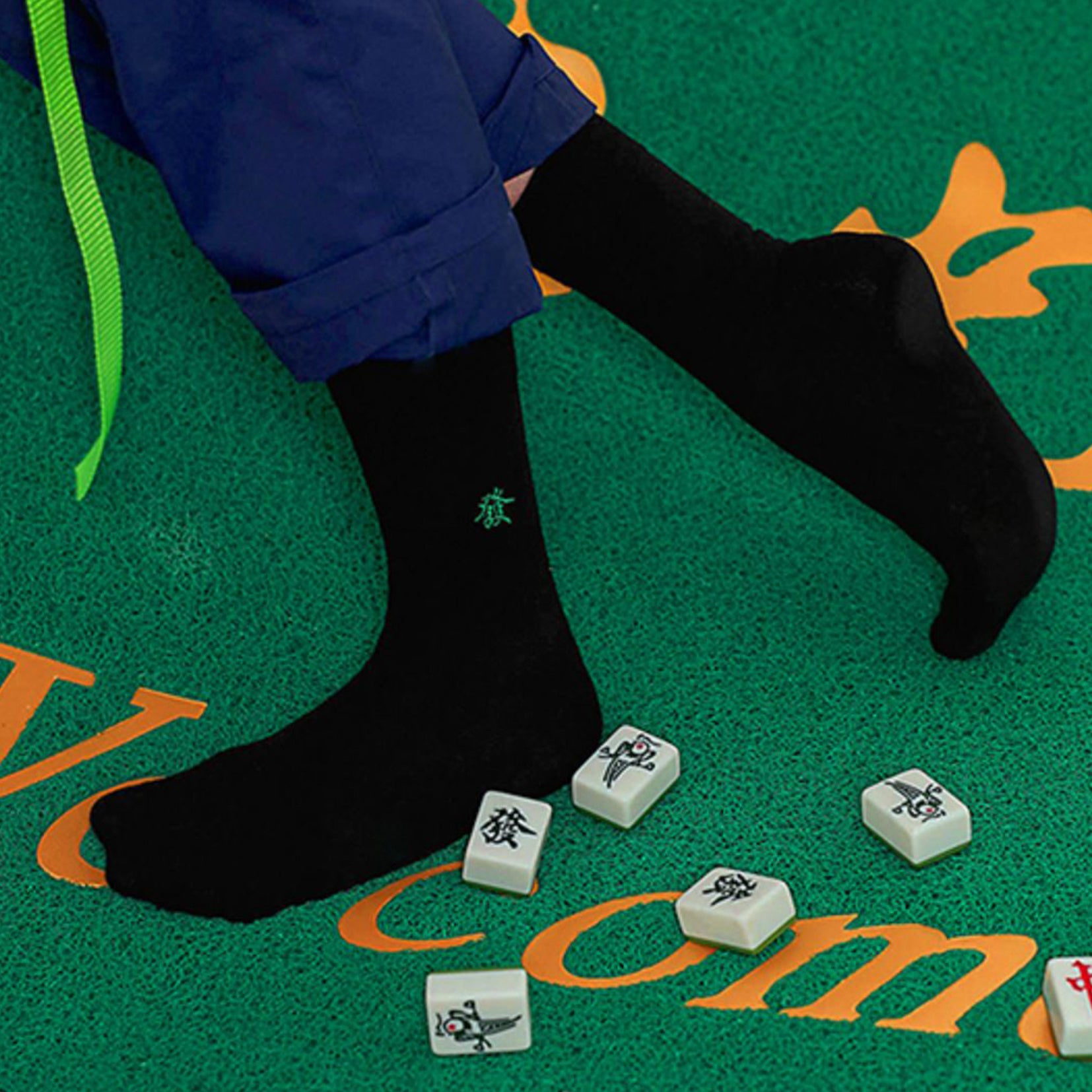Mahjong embroidery mid-calf socks - black  Edit alt text