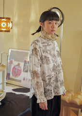 Scenery print see-through turtleneck blouse