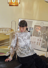 Scenery print see-through turtleneck blouse